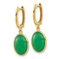 A pair of gold-toned hinged hoop earrings with oval green gemstone pendants hanging from the bottom of each hoop.