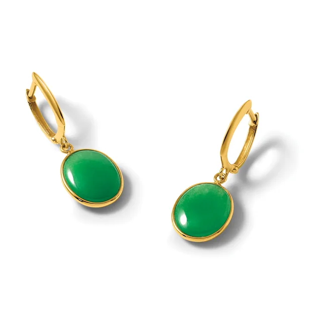 A pair of gold-toned lever-back earrings with round green jade or similar stone pendants, displayed against a white background.