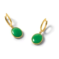 A pair of gold-toned lever-back earrings with round green jade or similar stone pendants, displayed against a white background.