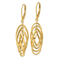 A pair of gold lever-back earrings with nested oval twisted wire designs hanging from each ear.