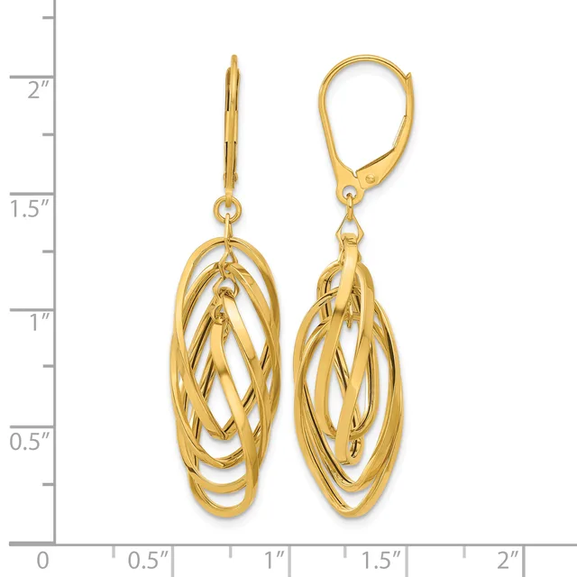 Gold-colored interlocking oval dangle earrings with lever backs, displayed against a measurement scale showing approximately two inches in length.