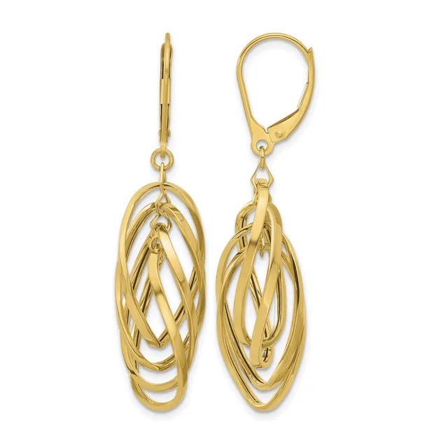 Pair of gold-toned dangle earrings with interlocking oval loops in graduated sizes, shown from front and side views.