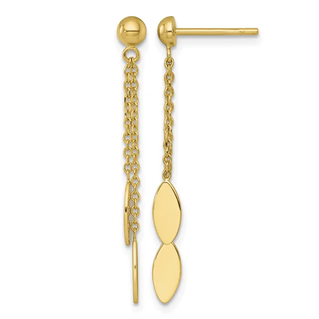 Pair of gold dangle earrings with ball studs attached to chain strands ending in polished oval charms.