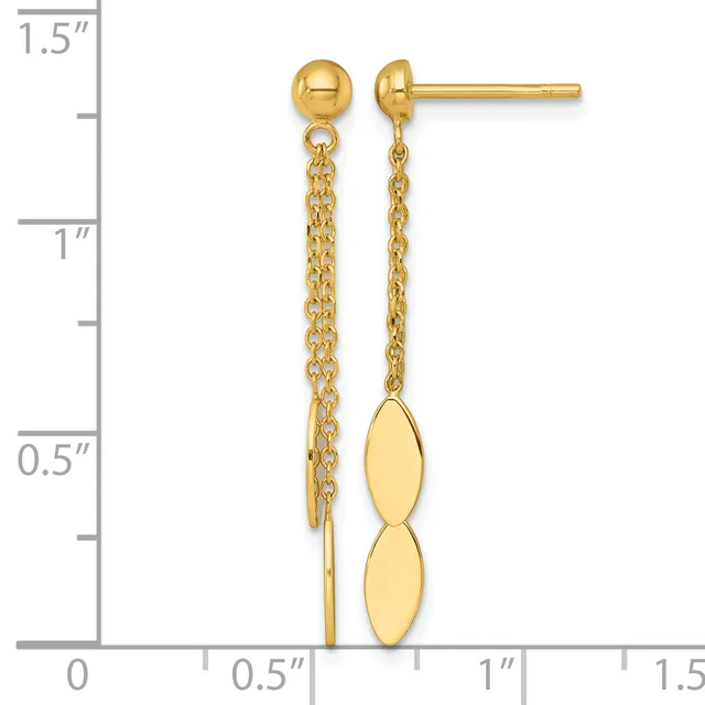 A pair of gold dangle earrings with ball studs and chain drops topped with two small oval charms, displayed against a ruler showing approximately 1.25 inches in length.