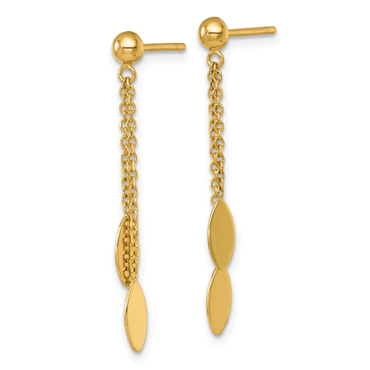 Pair of gold drop earrings with ball studs connected to dangling chains and elongated leaf-shaped pendants.