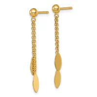 Pair of gold drop earrings with ball studs connected to dangling chains and elongated leaf-shaped pendants.