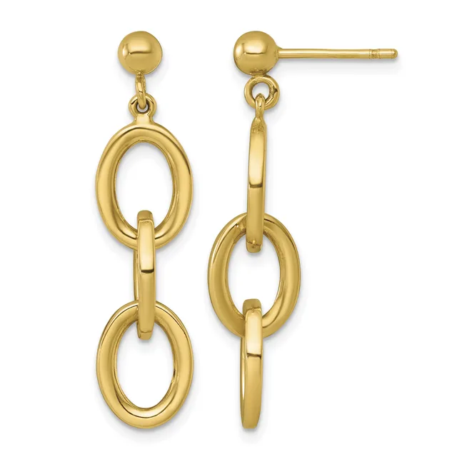 Pair of gold dangle earrings with ball studs at top, each featuring two linked oval rings hanging below.