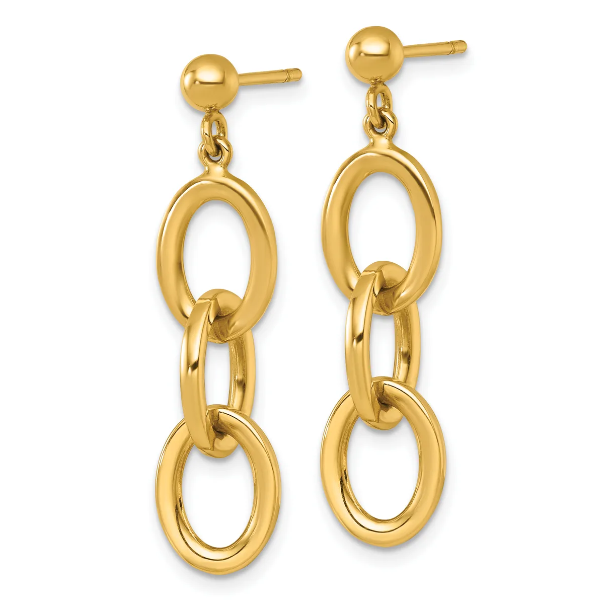 A pair of gold dangle earrings with ball studs at the top, each featuring three connected oval links descending vertically.