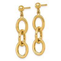 A pair of gold dangle earrings with ball studs at the top, each featuring three connected oval links descending vertically.