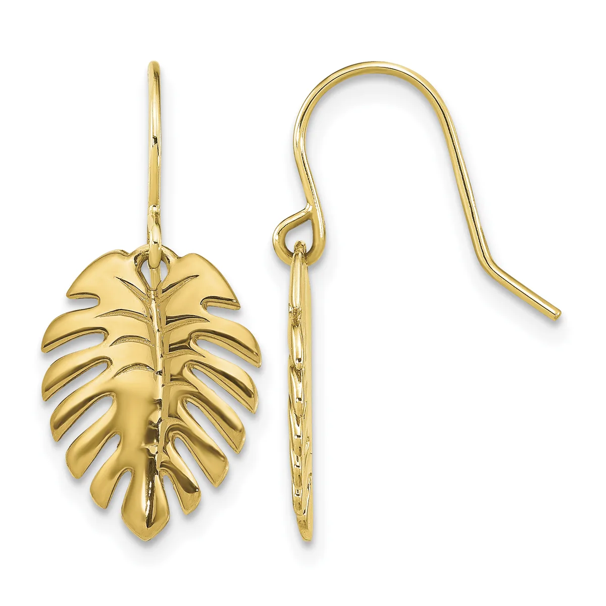 Pair of gold monstera leaf-shaped dangle earrings with French wire hooks, shown from front and side views.