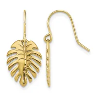 Pair of gold monstera leaf-shaped dangle earrings with French wire hooks, shown from front and side views.