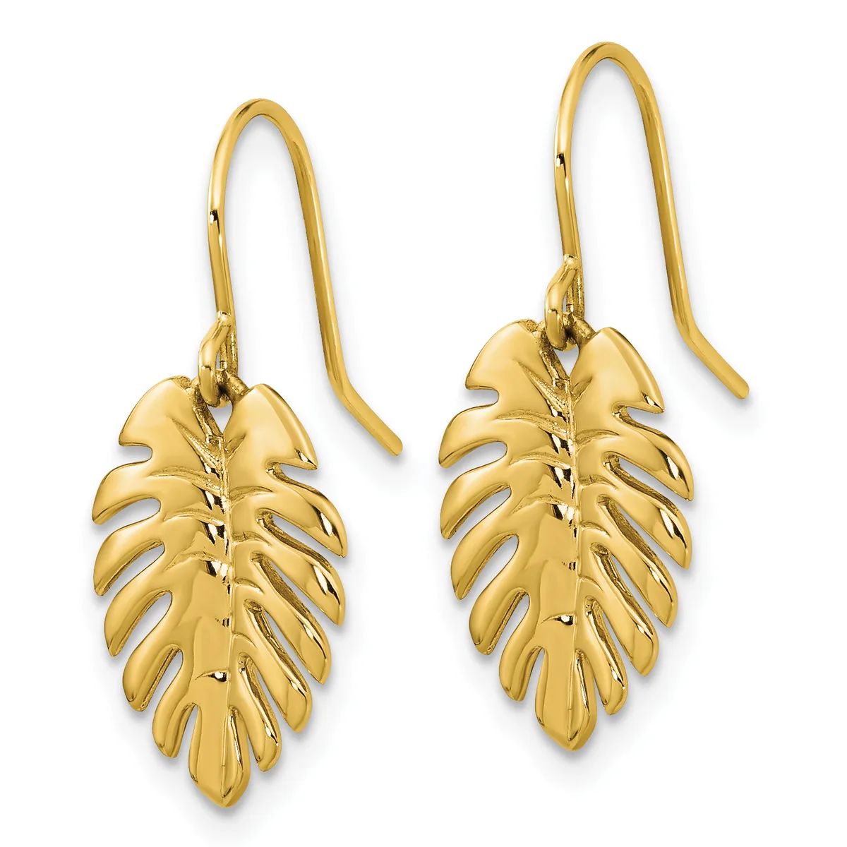 A pair of gold leaf-shaped earrings with openwork cutouts hanging from curved wire hooks.