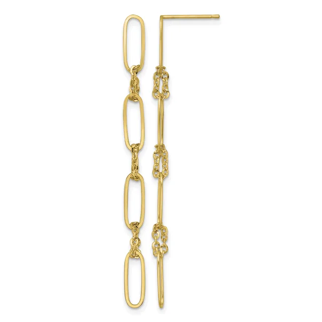 A pair of gold chain link drop earrings with elongated oval links alternating with textured shorter segments, shown against a white background.