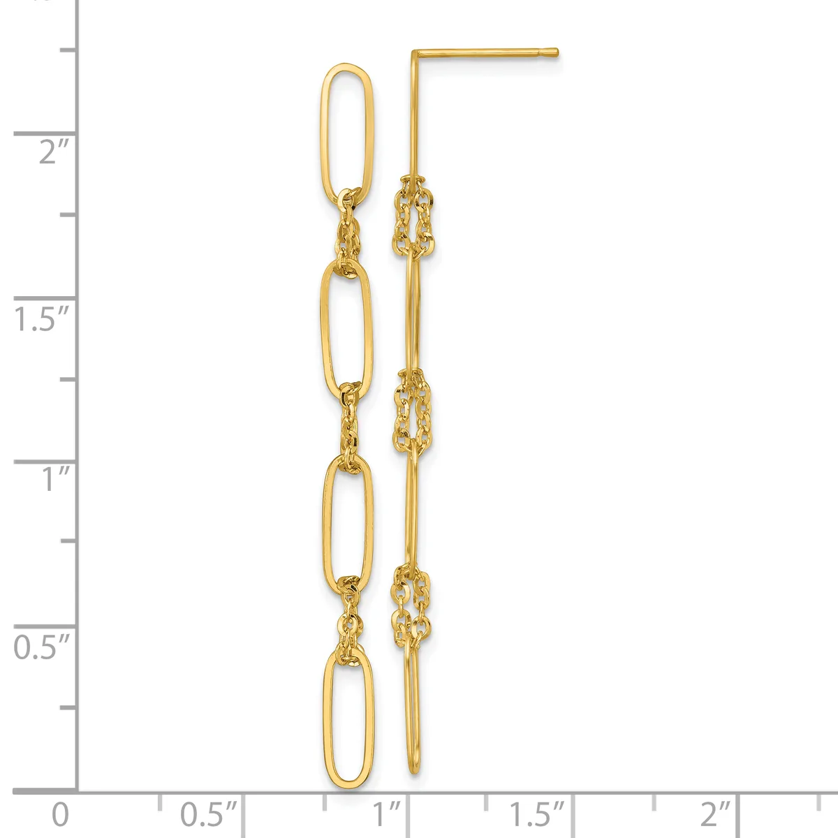 Pair of gold chain link drop earrings with oval links and textured connectors, shown against a ruler measuring approximately two inches long.