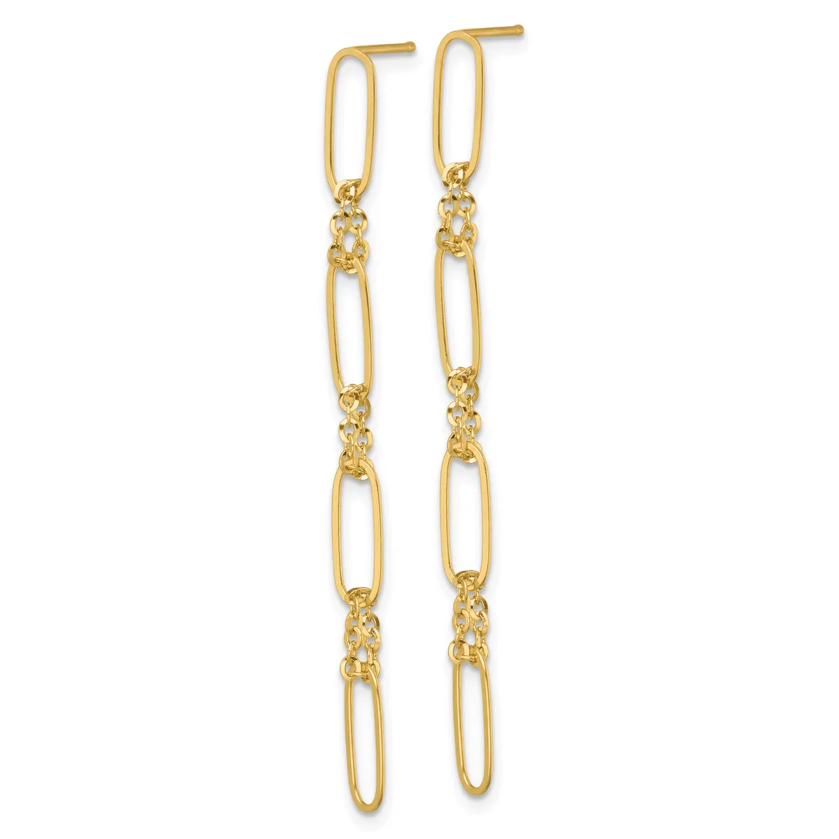 A pair of gold-toned dangle earrings featuring alternating elongated oval links and textured spacer segments, suspended from post backs.