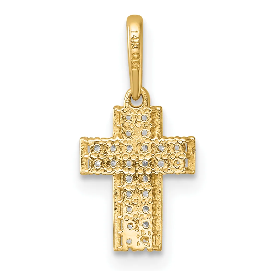 A gold cross pendant with a textured surface and small diamond accents throughout, suspended from a gold bail.