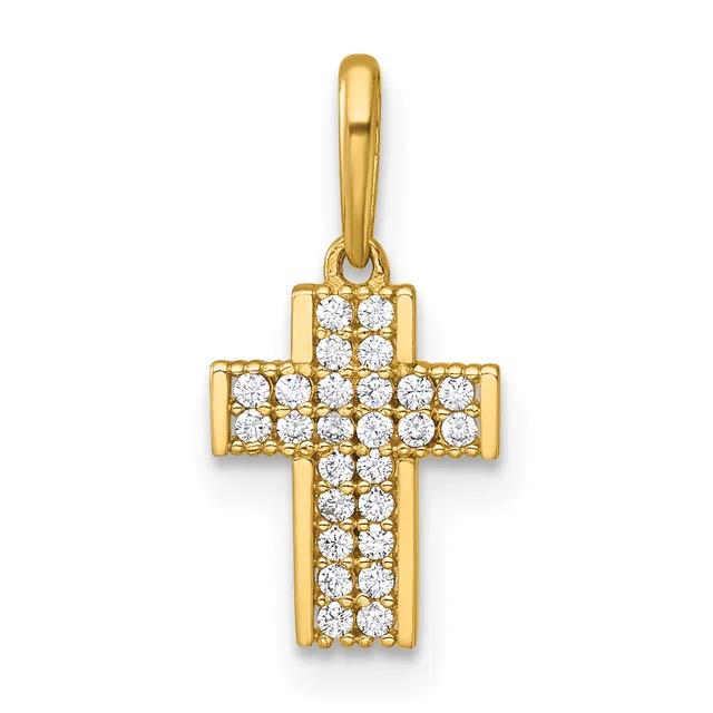 A gold cross pendant set with round diamonds arranged in a grid pattern throughout, suspended from a matching gold bail.