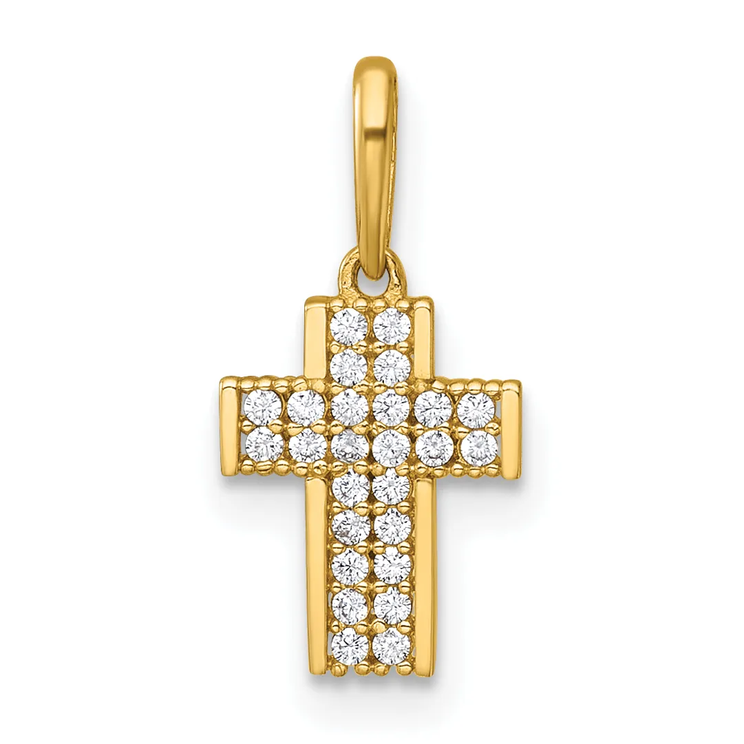 A gold cross pendant set with round diamonds arranged in a grid pattern throughout, suspended from a matching gold bail.