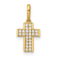 A gold cross pendant set with round diamonds arranged in a grid pattern throughout, suspended from a matching gold bail.