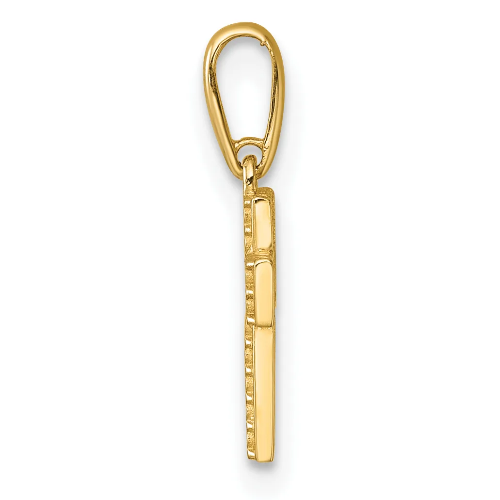 A gold-toned metal charm holder with an elongated rectangular pendant attached to a carabiner-style clip at the top.