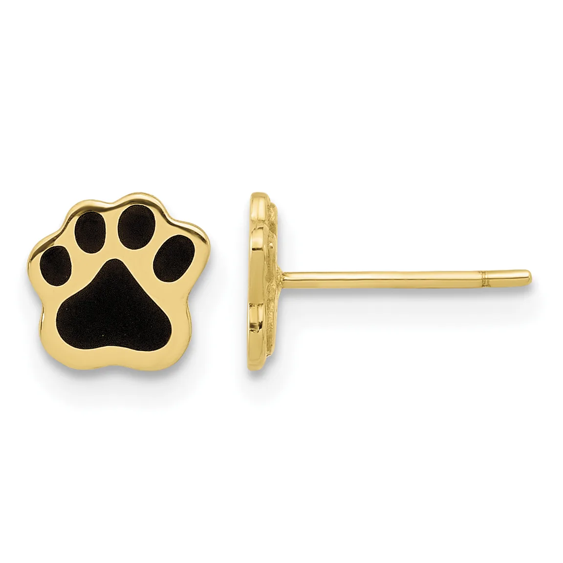 Pair of gold paw print stud earrings with black enamel fill, shown from front and side view.
