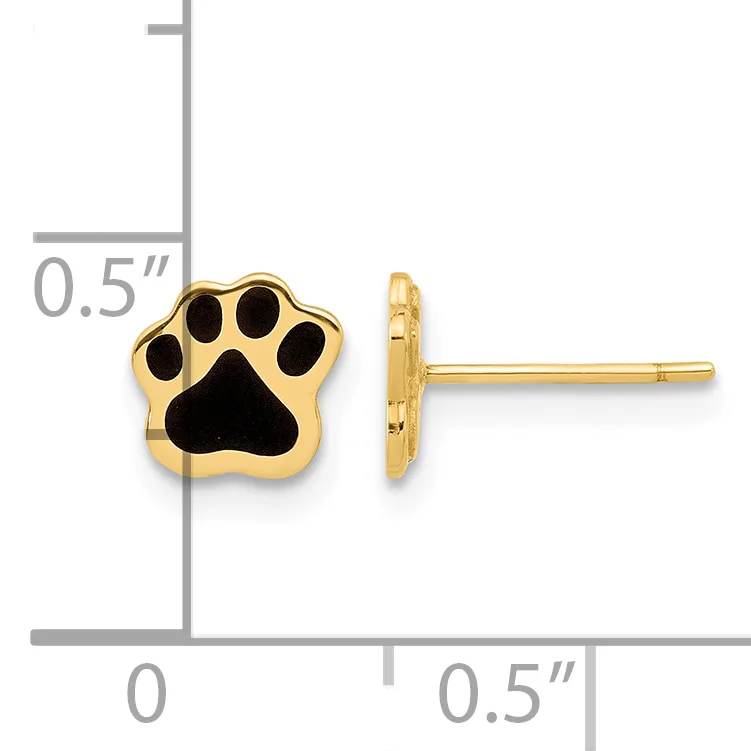Gold-colored paw print stud earrings with black enamel, shown front and side view with a measurement scale indicating approximately 0.5 inches.