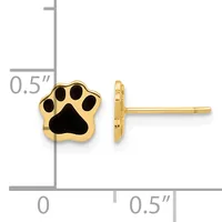 Gold-colored paw print stud earrings with black enamel, shown front and side view with a measurement scale indicating approximately 0.5 inches.