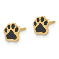 A pair of gold-plated paw print stud earrings with black enamel centers and four toe pads, shown from a front angle.