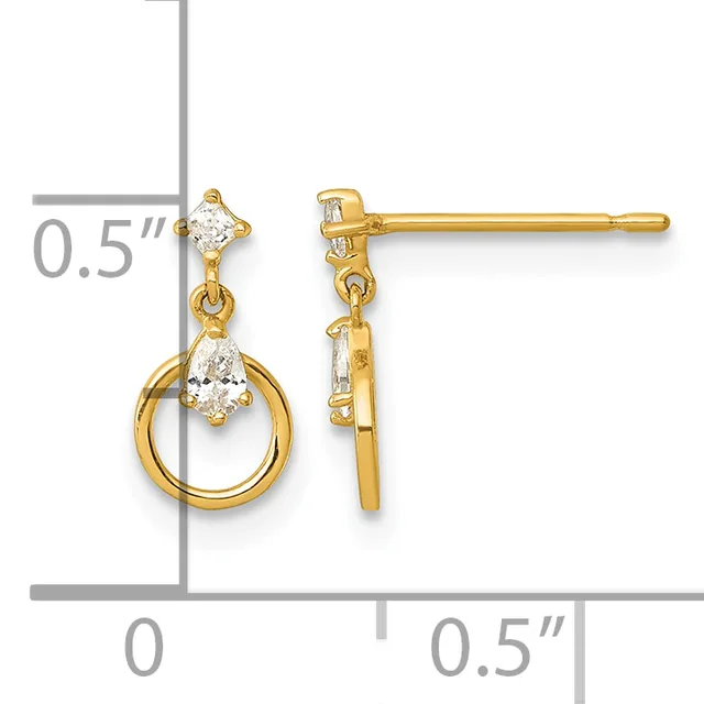 Gold dangle earrings with small diamond studs at the top and pear-shaped diamond drops suspended from circular gold loops, shown with a measurement scale indicating approximately 0.5 inches in length.