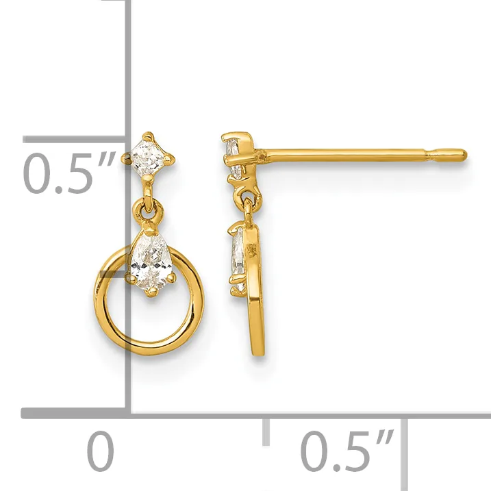 Gold dangle earrings with small diamond studs at the top and pear-shaped diamond drops suspended from circular gold loops, shown with a measurement scale indicating approximately 0.5 inches in length.