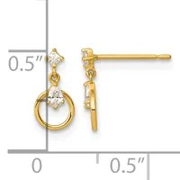 Gold dangle earrings with small diamond studs at the top and pear-shaped diamond drops suspended from circular gold loops, shown with a measurement scale indicating approximately 0.5 inches in length.