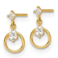 A pair of gold dangle earrings with square-cut diamonds on posts, pear-shaped diamonds suspended below, and open circular gold loops.