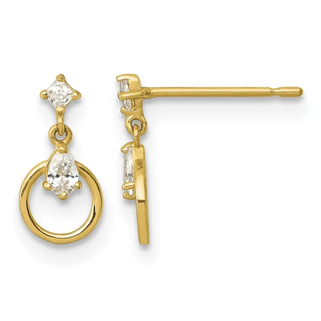 Pair of gold dangle earrings with square-cut diamonds at the top and teardrop-shaped diamonds suspended from circular gold rings below.