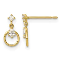 Pair of gold dangle earrings with square-cut diamonds at the top and teardrop-shaped diamonds suspended from circular gold rings below.