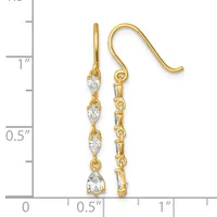 Gold drop earrings with marquise and pear-shaped cubic zirconia stones arranged vertically, displayed next to a measurement scale.