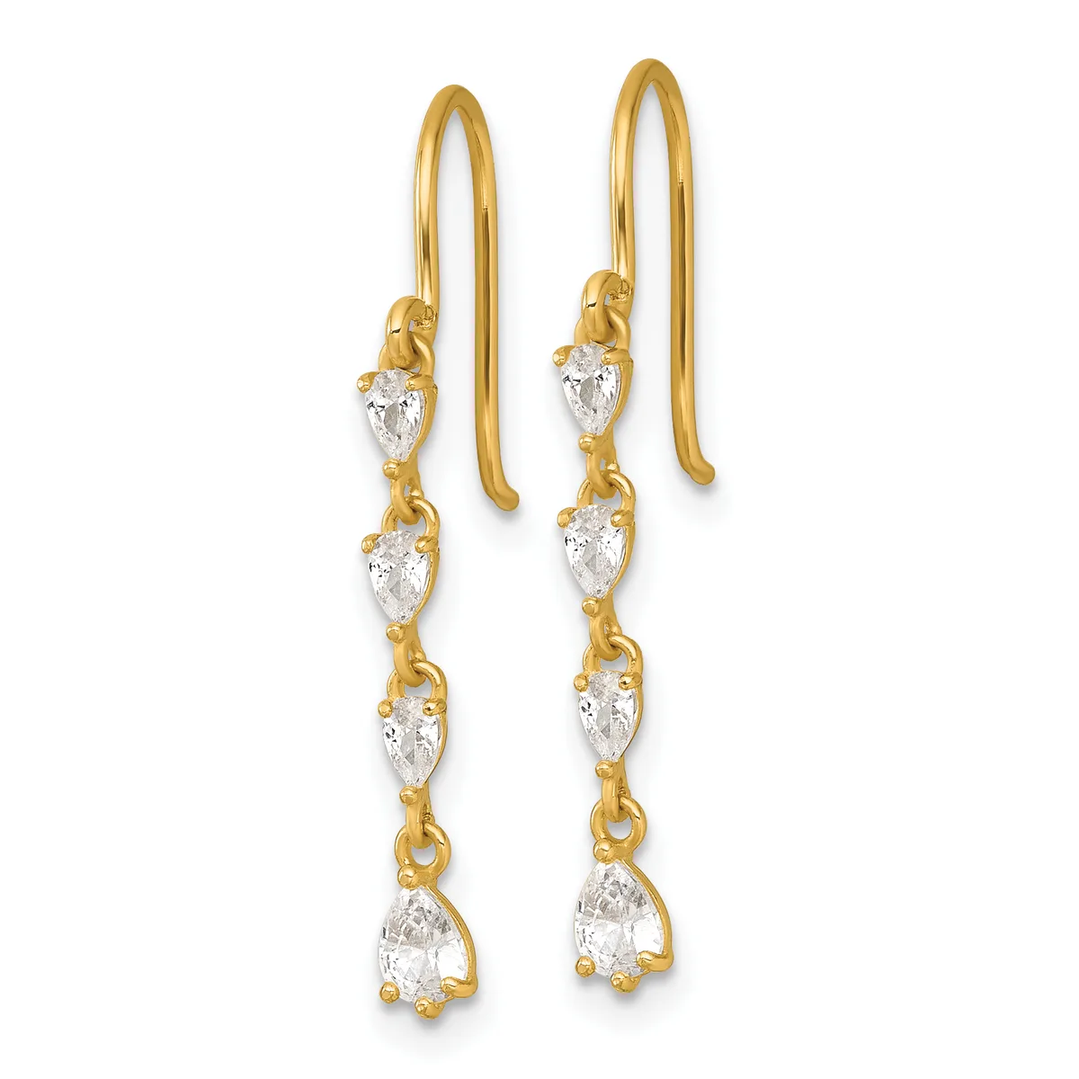 Pair of gold drop earrings with hook findings and pear-shaped cubic zirconia stones arranged in a vertical linear pattern.