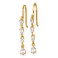 Pair of gold drop earrings with hook findings and pear-shaped cubic zirconia stones arranged in a vertical linear pattern.