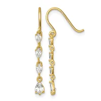 Pair of gold drop earrings with four pear-shaped cubic zirconia stones arranged vertically along a delicate chain, suspended from curved gold ear wires.