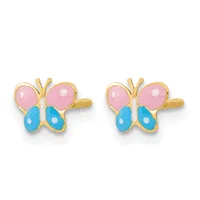 A pair of gold-toned butterfly screw-back earrings with pink and blue enamel wings, each wing featuring a white dot.