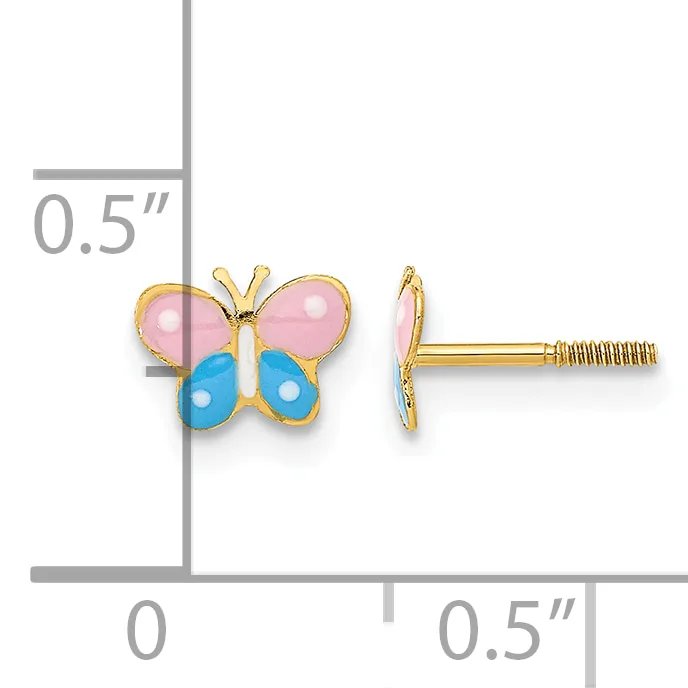 Gold butterfly stud earrings with pink enamel upper wings, blue enamel lower wings, and white dot accents, shown front and side view with measurement scale.