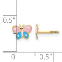 Gold butterfly stud earrings with pink enamel upper wings, blue enamel lower wings, and white dot accents, shown front and side view with measurement scale.