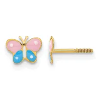 A pair of gold stud earrings shaped like butterflies with pink upper wings, blue lower wings, and white dot details, shown from front and side views.