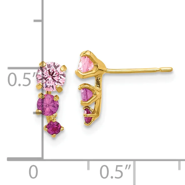 Gold stud earrings with graduated pink and purple round gemstones arranged vertically, displayed on a measurement scale showing approximately 0.5 inches in length.