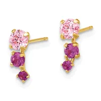 A pair of gold earrings with pink and purple cushion-cut gemstones arranged vertically, displayed against a white background.