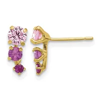 Gold stud earrings featuring three graduated round pink and purple gemstones arranged vertically, shown from front and side views.