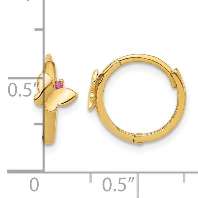 Pair of gold-colored butterfly hug earrings with pink stone accents, shown from front and side views with a measurement scale indicating approximately 0.5 inches in diameter.