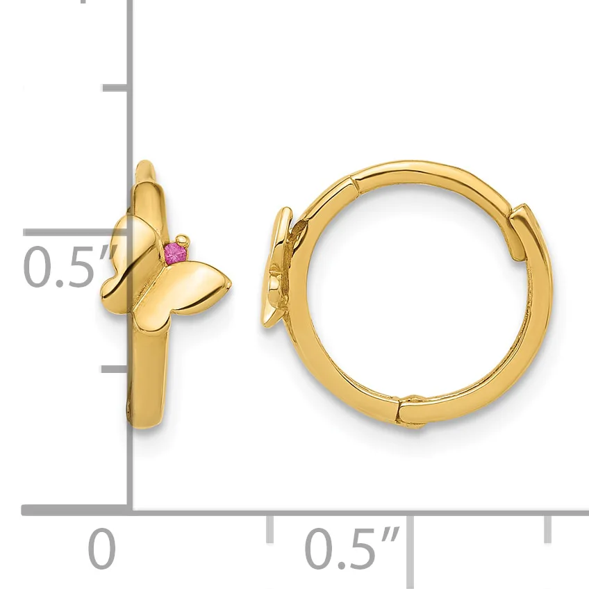 Pair of gold-colored butterfly hug earrings with pink stone accents, shown from front and side views with a measurement scale indicating approximately 0.5 inches in diameter.