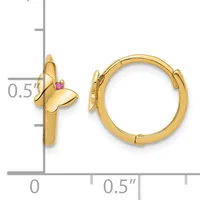 Pair of gold-colored butterfly hug earrings with pink stone accents, shown from front and side views with a measurement scale indicating approximately 0.5 inches in diameter.