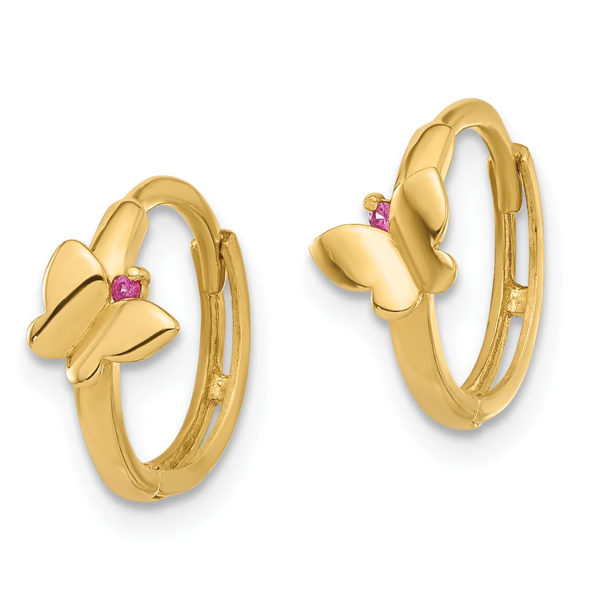A pair of gold hoop earrings with butterfly-shaped tops set with small pink gemstones, shown from front and side angles.
