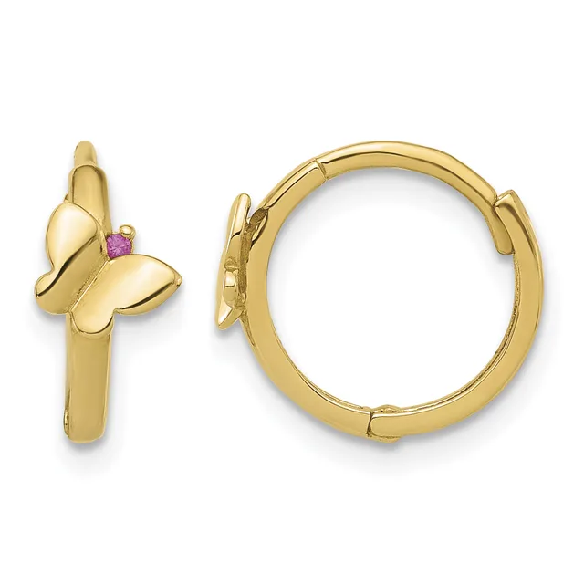 Pair of gold-toned hoop earrings with butterfly motifs featuring small pink gemstones, shown from front and side views.